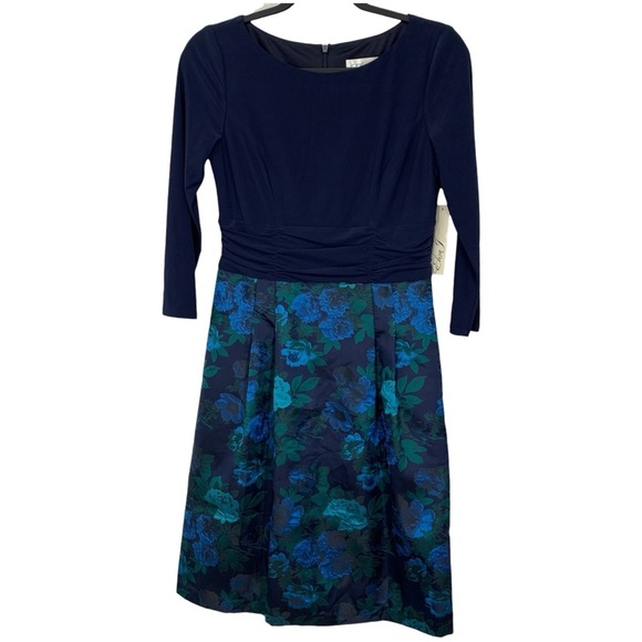 Eliza J Dress Womens Sz 4 Small Navy Blue Green Floral Fall Wedding Event Modest - Picture 1 of 10